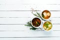 Set of soups. Meat soup, fish soup, chicken soup. Dishes, food. Top view. Royalty Free Stock Photo