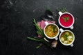 Set of soups. Meat soup, fish soup, chicken soup. Dishes, food. Top view. Royalty Free Stock Photo