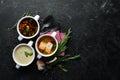 Set of soups. Meat soup, fish soup, chicken soup. Dishes, food. Top view. Royalty Free Stock Photo