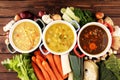 Set of soups from worldwide cuisines, healthy food. Broth with noodles, beef soup and broth with marrow dumplings. All soups with Royalty Free Stock Photo