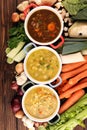 Set of soups from worldwide cuisines, healthy food. Broth with noodles, beef soup and broth with marrow dumplings. All soups with Royalty Free Stock Photo