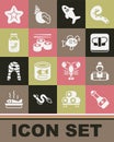 Set Soy sauce bottle, Fisherman, Sushi on cutting board, Shark, Sea cucumber jar, Starfish and Tropical icon. Vector