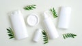 Set of SPA cosmetic containers and bottles branding mockup and green leaves. Top view shampoo bottle, lotion container, shower gel