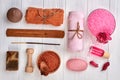 Set of spa items for beauty and health flat lay. Royalty Free Stock Photo