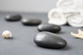 Set of Spa massage stones with seashells and starfish on a light background. Royalty Free Stock Photo