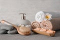 Set for spa treatment on grey table Royalty Free Stock Photo