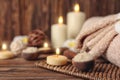 Set for spa treatment on wooden table Royalty Free Stock Photo