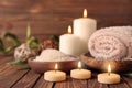 Set for spa treatment on wooden table Royalty Free Stock Photo