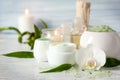 Set for spa treatment on wooden table Royalty Free Stock Photo