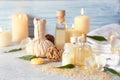Set for spa treatment on wooden table Royalty Free Stock Photo