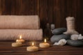 Set for spa treatment on wooden table Royalty Free Stock Photo
