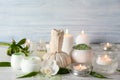 Set for spa treatment on wooden table Royalty Free Stock Photo