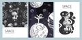 Set of space banners. Planets, flower and astronaut. Astronaut in the lotus position, flowers and moon.