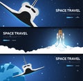 Set of Space banners. Space Shuttle. Mars, Earth, Exoplanet. Astronomical galaxy space background. Vector Illustration.