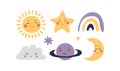 A set of space celestial characters for a children s poster, a smiling sun, a sleeping moon, a planet with a face, a Royalty Free Stock Photo