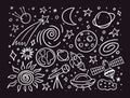 Set space or cosmos elements and objects doodle style. Hand drawn outline vector illustration. Royalty Free Stock Photo