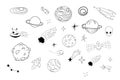 Set space elements ufo spaceship, rocket, satellite, stars and planets in doodle style isolated. Hand drawn collection Royalty Free Stock Photo