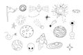 Set space elements ufo spaceship, rocket, satellite, stars and planets in doodle style isolated. Hand drawn collection Royalty Free Stock Photo