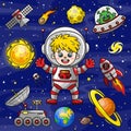 Set cartoon space elements and astronaut boy Royalty Free Stock Photo