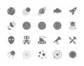 Set Of Space Grey Icons. Sun, Solar System, Galaxy, Cosmos, Stars And More.
