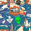 Set of space mission colorful seamless pattern with space rocket alien, mars city, camper van on the moon and earth Royalty Free Stock Photo