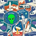 Set of space mission colorful seamless pattern with space rocket alien, mars city, camper van on the moon and earth Royalty Free Stock Photo