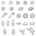 Set of space objects. Planets, stars, comet, spaceship, ufo, cosmic stations, astronaut. Royalty Free Stock Photo