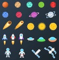 Set of space objects. Planets, stars, comet, spaceship, ufo, cosmic stations, astronaut. Royalty Free Stock Photo