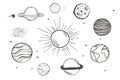 Set of space objects: planets, stars. Hand drawn vector, doodle sketch black, white. Sun Earth Moon Royalty Free Stock Photo