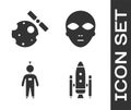 Set Space shuttle and rockets, Satellites orbiting the planet Earth, Astronaut and Alien icon. Vector