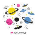 Set on a space theme with doodle alien ufo planets