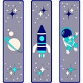 Set of space themed bookmarks: planet, rocket and astronaut on gray rectangular background Royalty Free Stock Photo