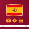 Set of Spain flags with gold frame for use at sporting events on a burgundy abstract background