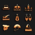 Set Spanish guitar, Fan flamenco, Yacht sailboat, Earrings, Map of Spain, jamon, Montjuic castle and hat icon. Vector