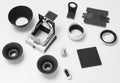 Set of spare parts for antique old medium format camera on white