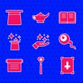 Set Sparkle stars with magic trick, Magic wand, Ancient book, Eye, hat, and icon. Vector Royalty Free Stock Photo