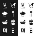 Set Spatula, Chef hat, Cook, Bread toast, Mortar and pestle, Coffee cup go, Bottle with milk and Cookbook icon. Vector