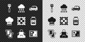 Set Spatula, Cloud with rain, Car, Bread toast, Kitchen apron, Folded map, Chef hat and Checkered napkin icon. Vector Royalty Free Stock Photo