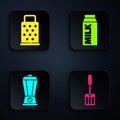 Set Spatula, Grater, Blender and Paper package for milk. Black square button. Vector