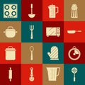 Set Spatula, Kitchen timer, Frying pan, Teapot, Fork, Cooking, Gas stove and Microwave oven icon. Vector Royalty Free Stock Photo