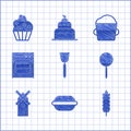 Set Spatula, Macaron cookie, Cereals with rice, wheat, corn, oats, rye, Frying pan, Windmill, Oven, Bakery bowl dough