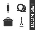 Set Spatula, Rolling pin, Cooking pot and Chef hat in speech bubble icon. Vector