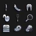 Set Spatula, Steak meat, Fresh frozen steak, in frying pan, Burger, Fried chicken wing, Fish and Knife icon. Vector Royalty Free Stock Photo