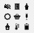 Set Speaker mute, Paper or financial check, , Information desk, Thermometer and Battery icon. Vector
