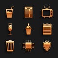 Set Speaker, Processor with CPU, Shield, Notebook, Trash can and Glass of champagne icon. Vector