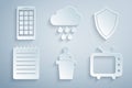 Set Speaker, Shield, Notebook, Television tv, Cloud with rain and Mobile Apps icon. Vector