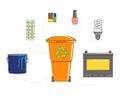 Set of special garbage with plastic can. Medicines, batteries, varnishes, paints, bulbs. Waste management. Sorting garbage.