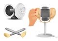 Set special microphone with the ears for ASMR isolated on white background, cosmetic brushes. Realistic 3D illustration for