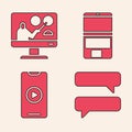 Set Speech bubble chat, Online education, Laptop and Online play video icon. Vector Royalty Free Stock Photo