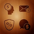 Set Speech bubble with dollar, Business man planning mind, Loan percent and Envelope with coin dollar on wooden